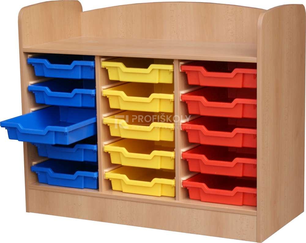 Skříňka s mantinelem, 15x plastové zásuvky výšky 75 mm s výsuvy, rozměr 1040x850x470 mm