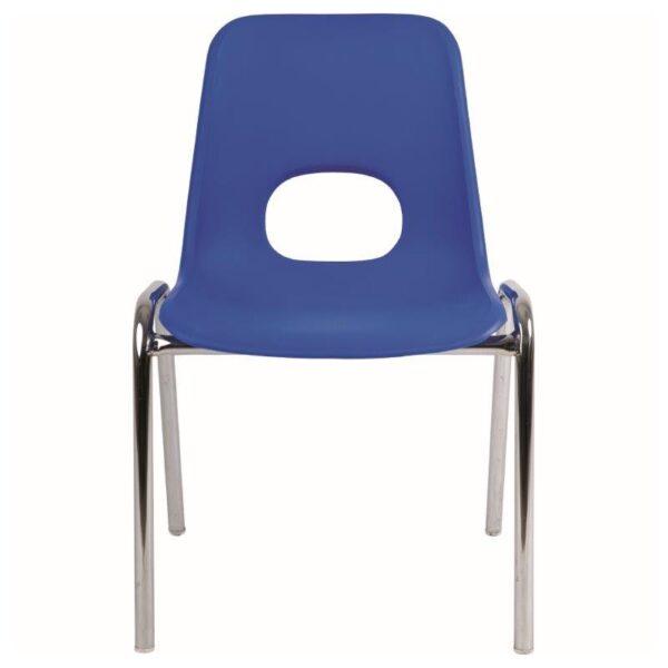 Plastová židle s chromovanou konstrukcí a otvorem v opěráku do školních jídelen
