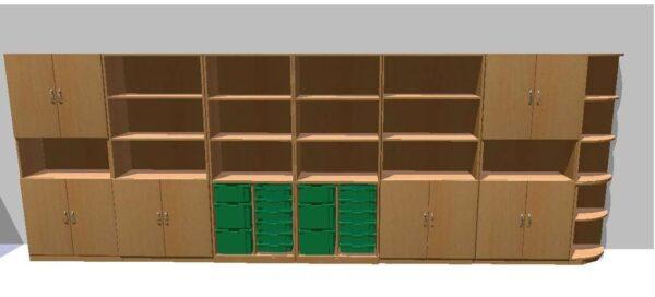sestava školního nábytku sestavená z typových nábytkových modulů