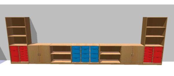 Levná sestava školního nábytku poskladaná z typových nábytkových modulů.