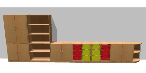 Levný nábytkový program sestavený z jednotlivých skříněk doplněný o plastové boxy Grantnells.